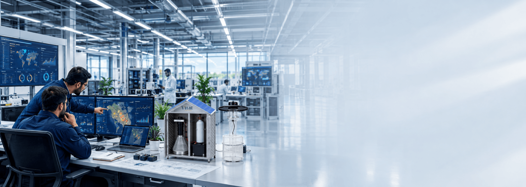 An automated production line inside a factory, with a robotic arm, control displays and measurement units